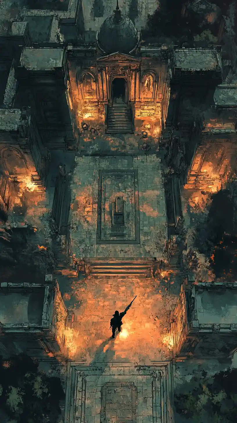 Soldier With Flamethrowers Among Mausoleum Tombs Below