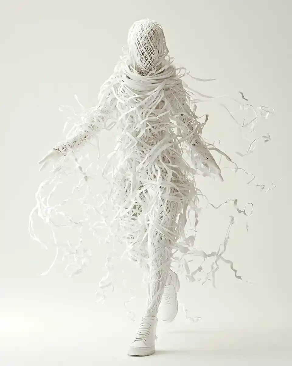 Woman in white full body costume on pure white background