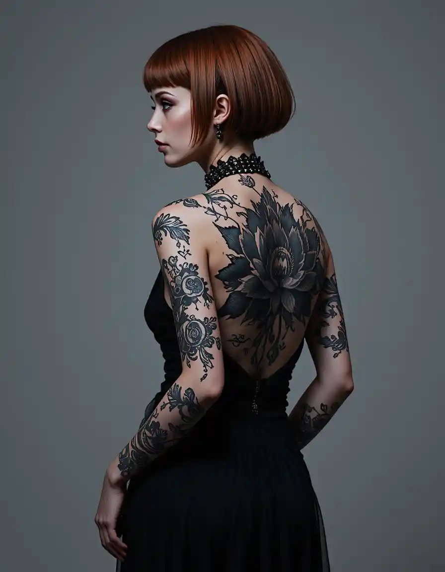 Elegant tattooed woman in black dress profile portrait