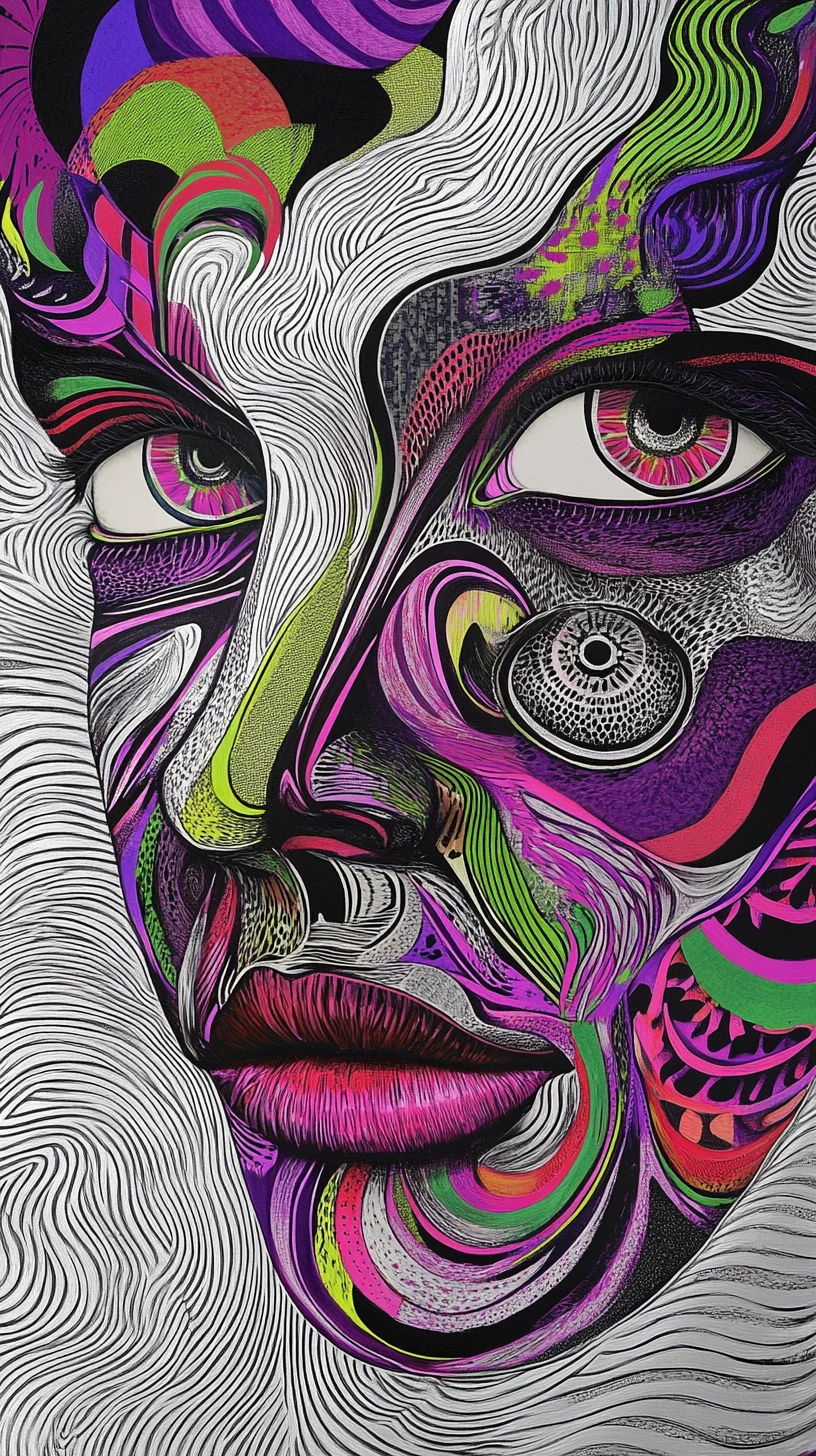 Surreal woman with oversized eyes in psychedelic lines