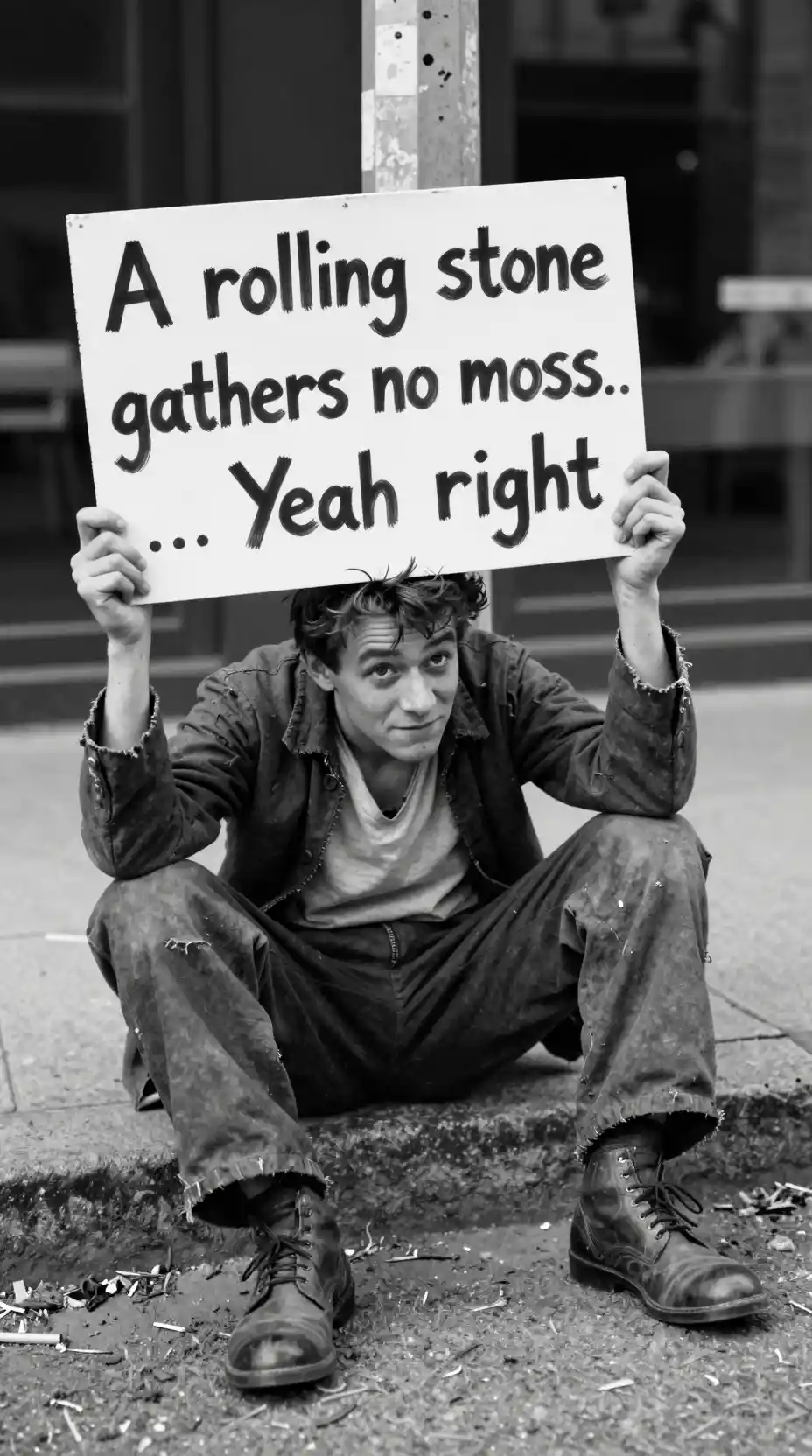 Young man with ironic sign on a city street corner