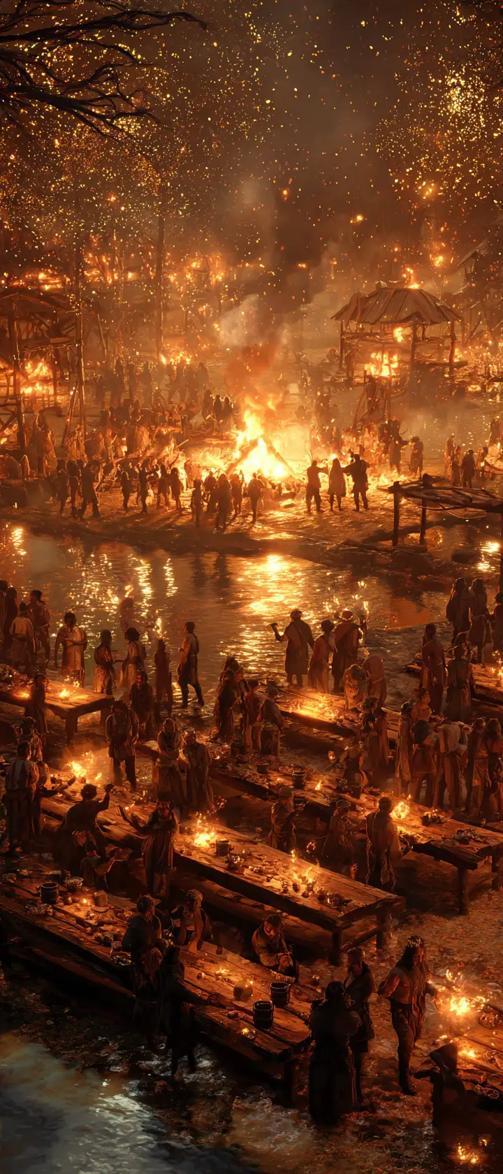 Medieval warriors celebrating at a lively night mead festival