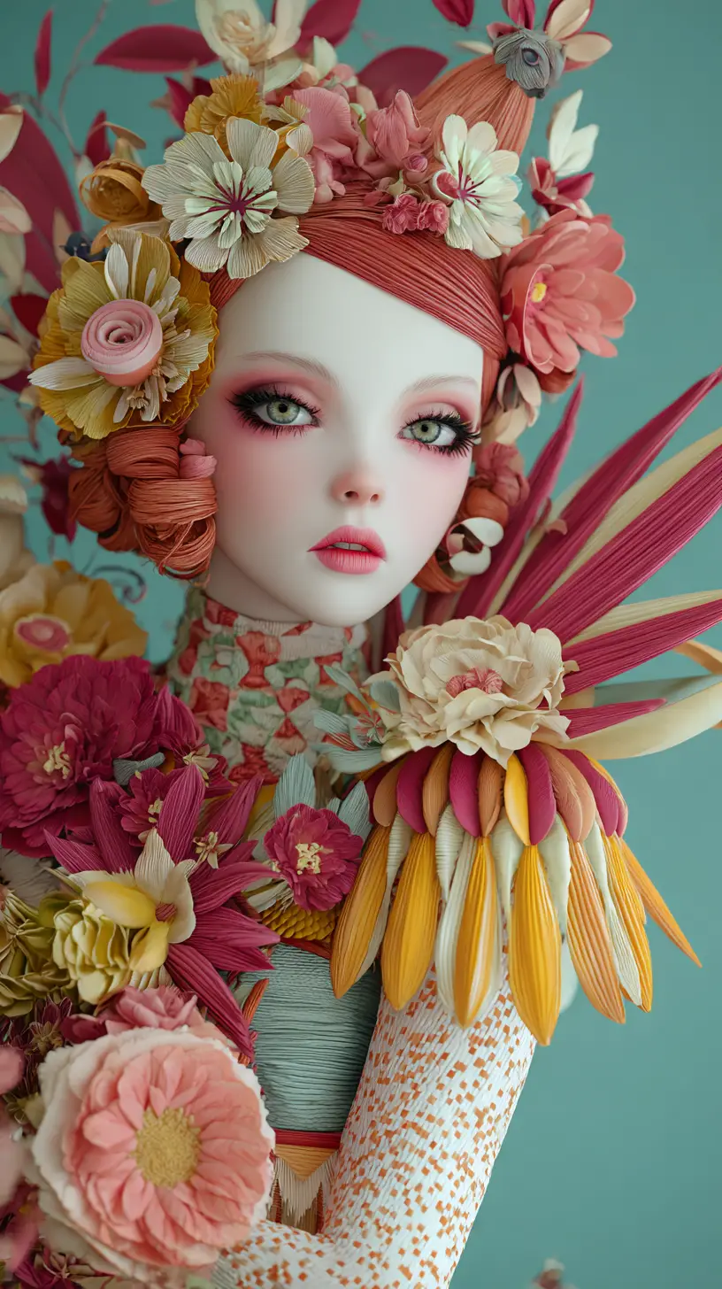 Whimsical vintage woman in colorful 3d illustration portrait