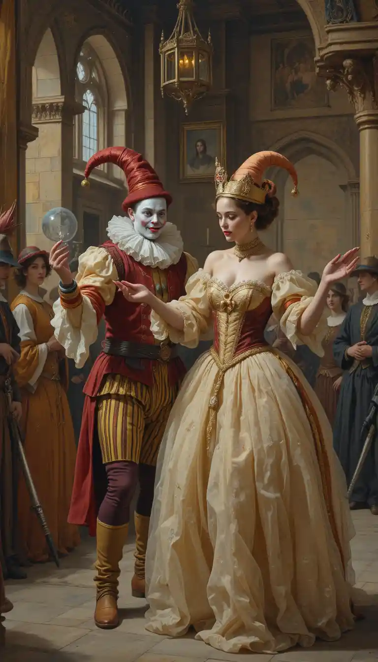 Male and female clowns performing magic in a castle hall
