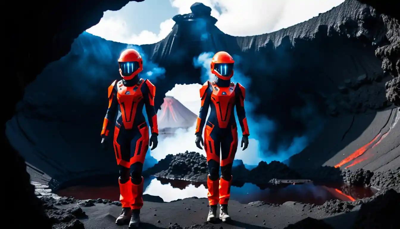 Zwei Frauen in Sci-Fi-Anzügen am stillen Vulkankrater