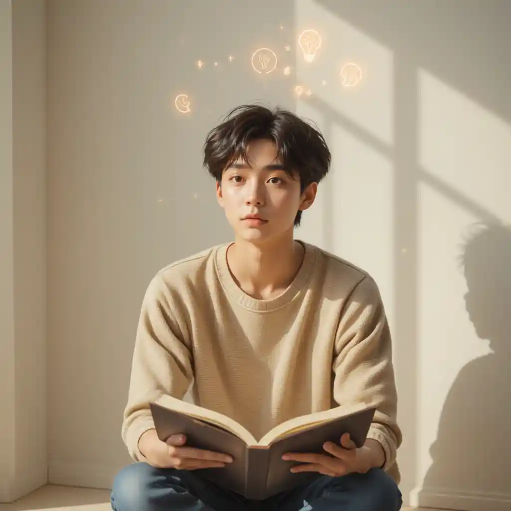 Curious young adult reading in a calm minimalist room