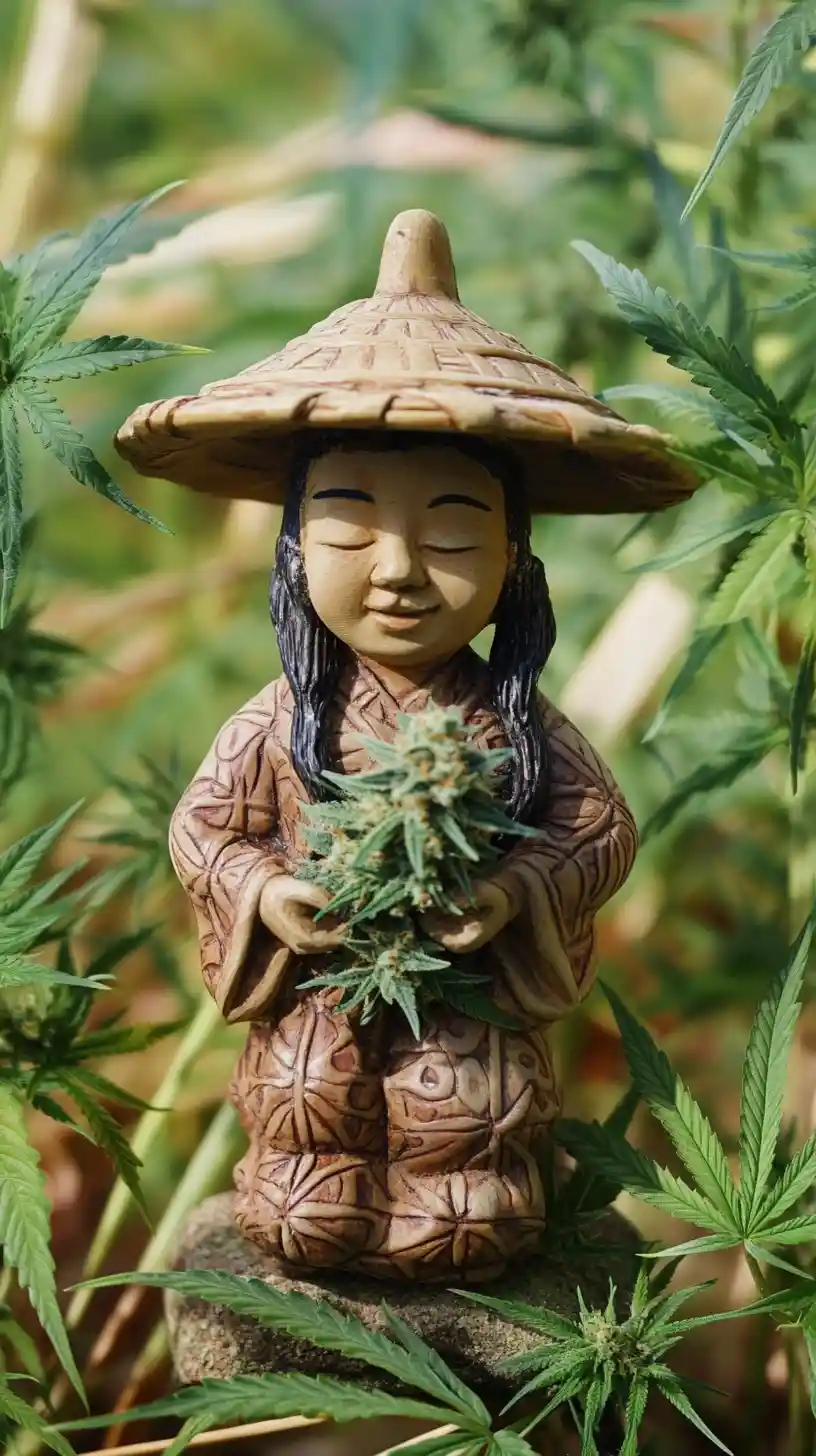 Hemp mascot in ancient asian inspired farming landscape