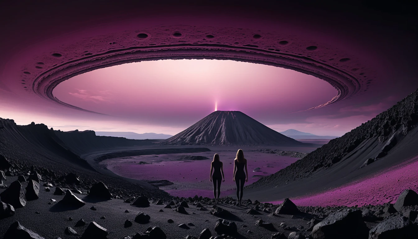 Two suited women at the edge of an alien crater