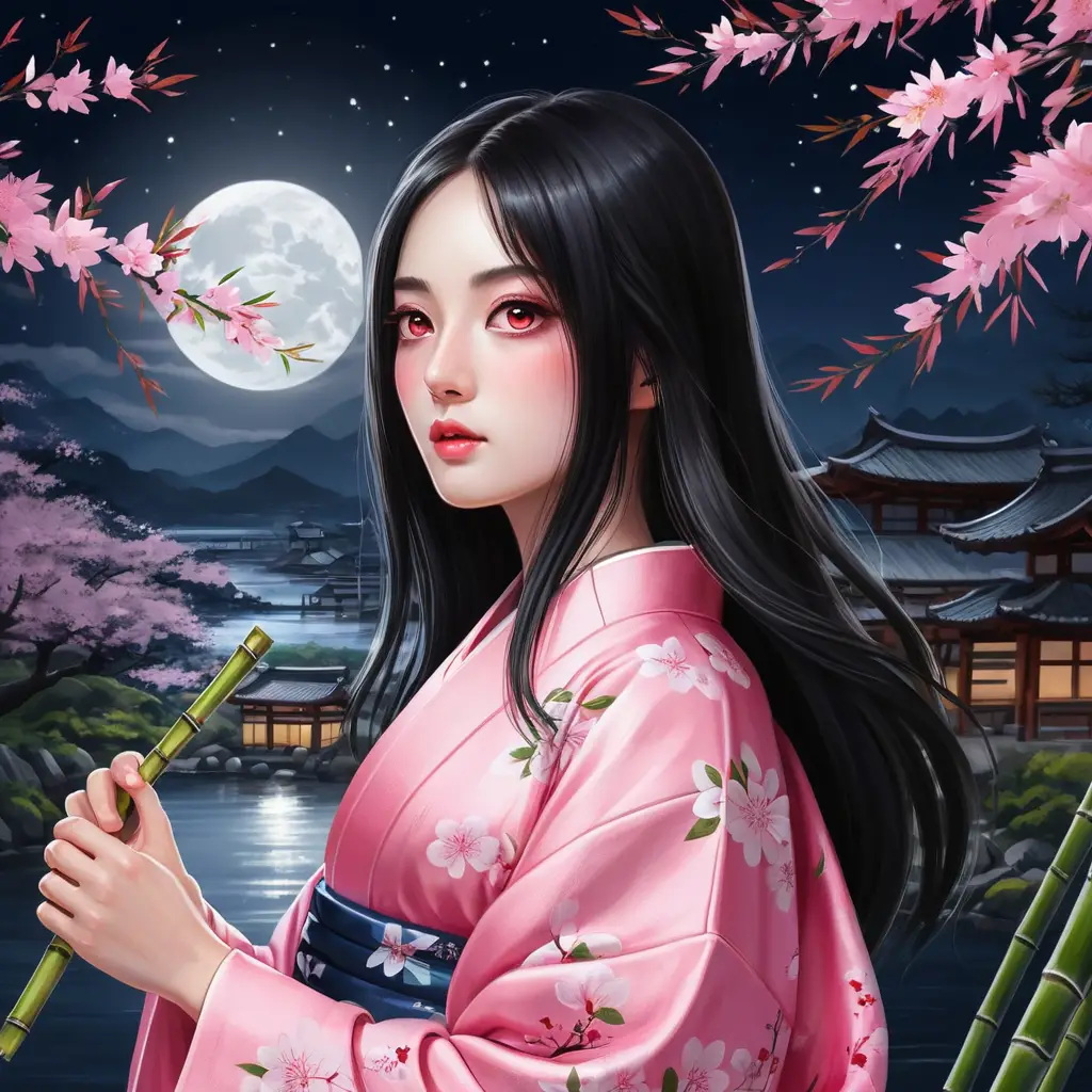 Anime girl in pink kimono under moonlit cherry blossoms