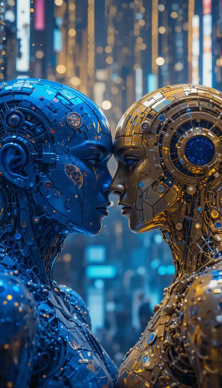 Cyber humanoids celebrating new year in a neon cityscape