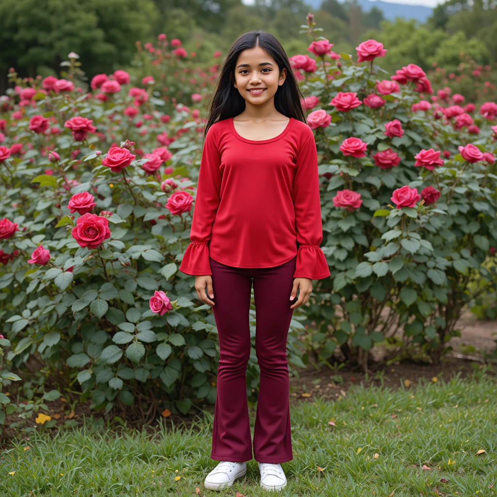 Smiling South Indian girl in red shirt in rose garden