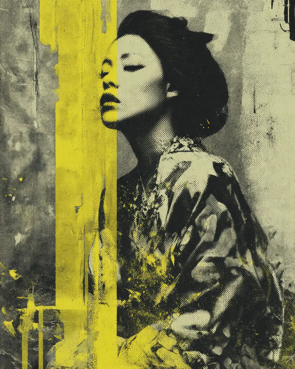 Gritty Screenprint Portrait Of A Geisha On Concrete Wall