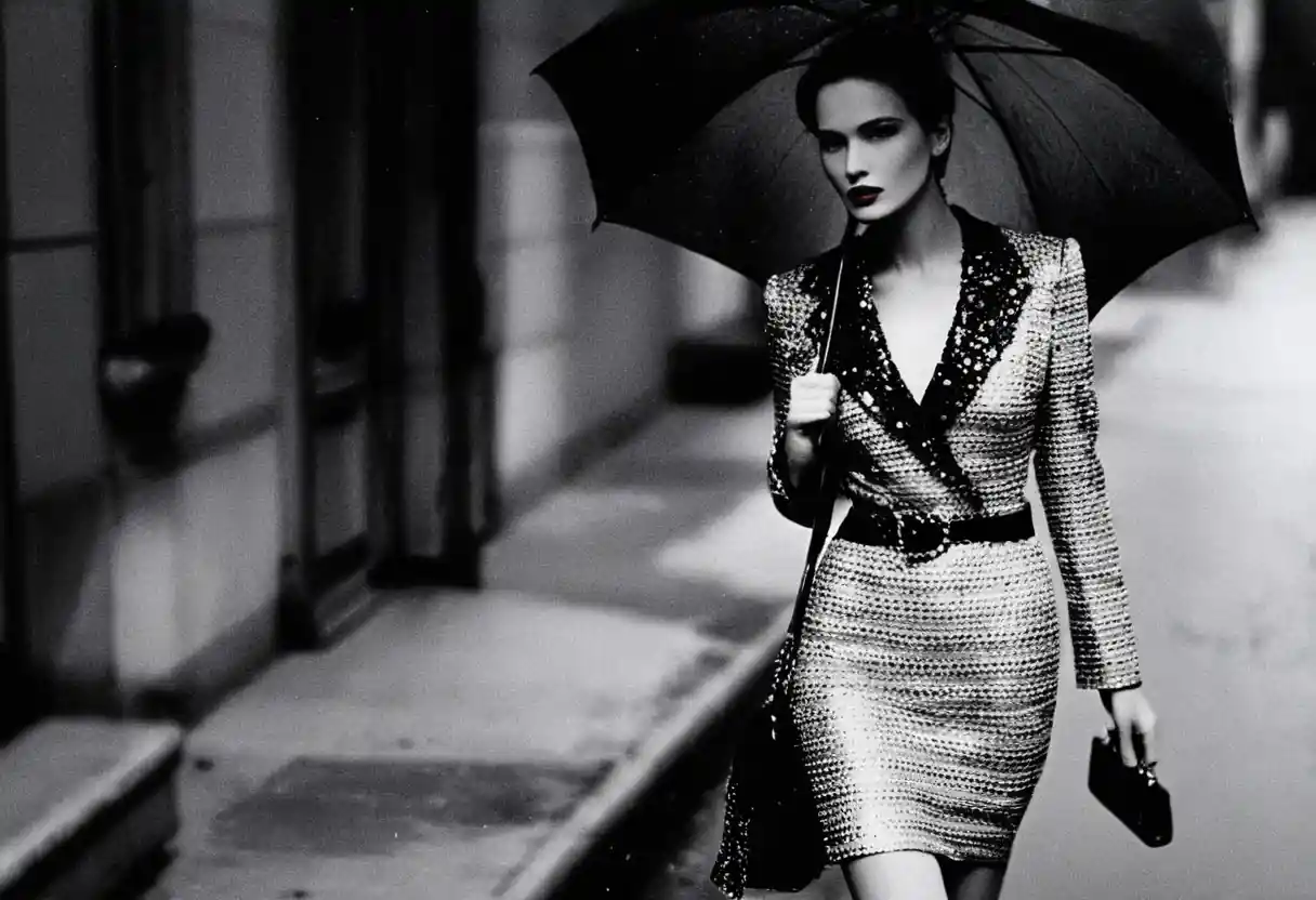 Moody black and white fashion woman on rainy city street