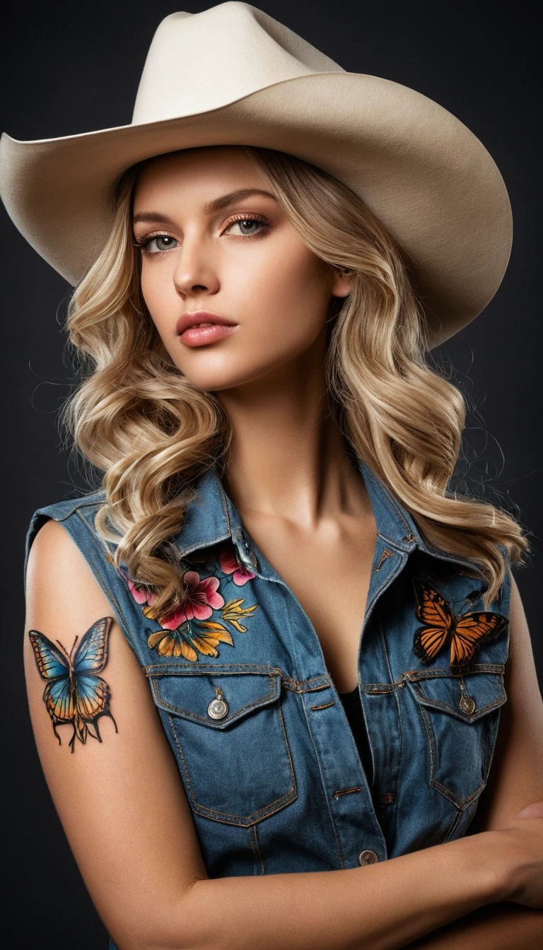 Tattooed cowgirl smiling with thank you sign