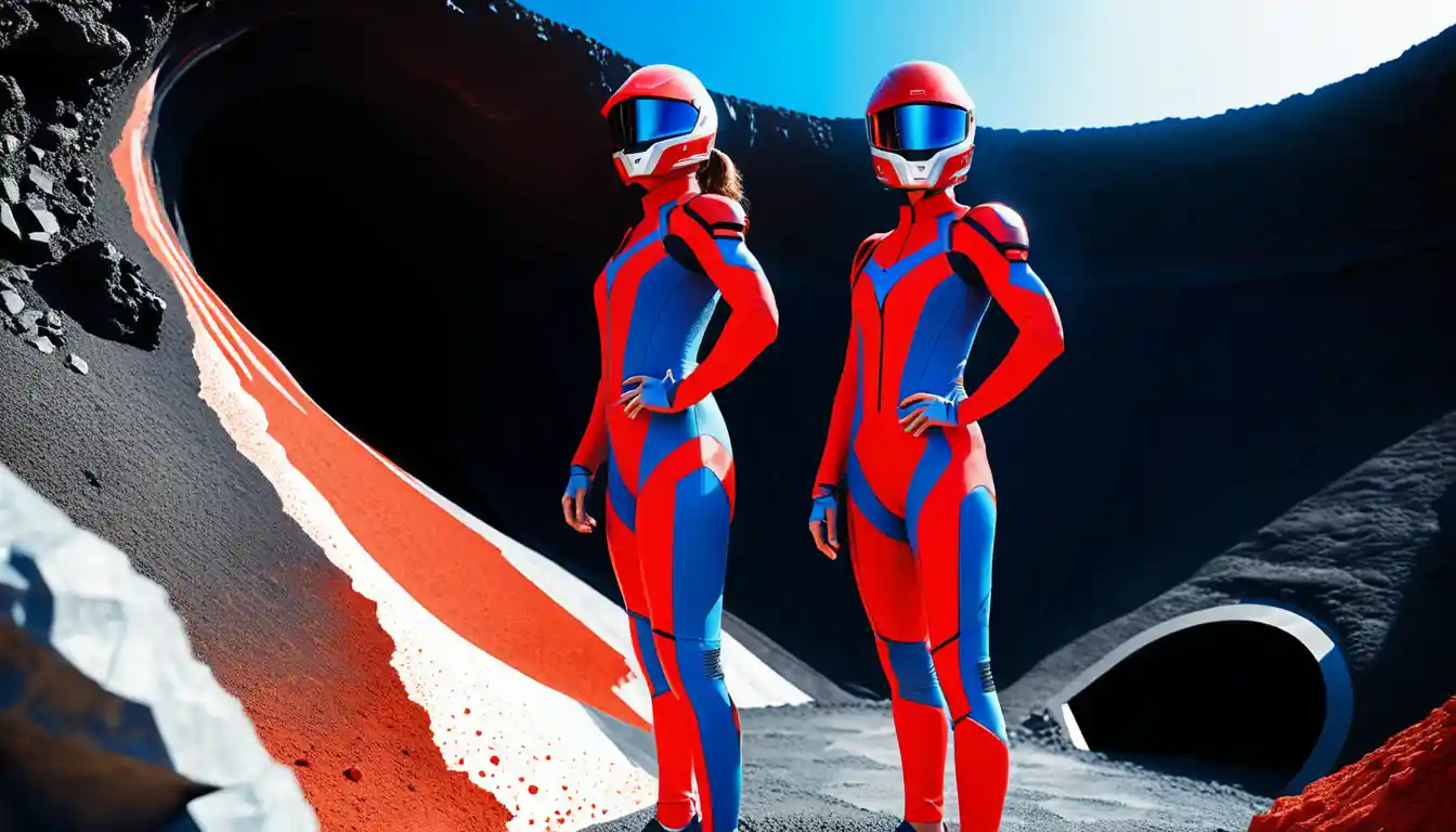 Two women in red and blue suits at a volcano crater