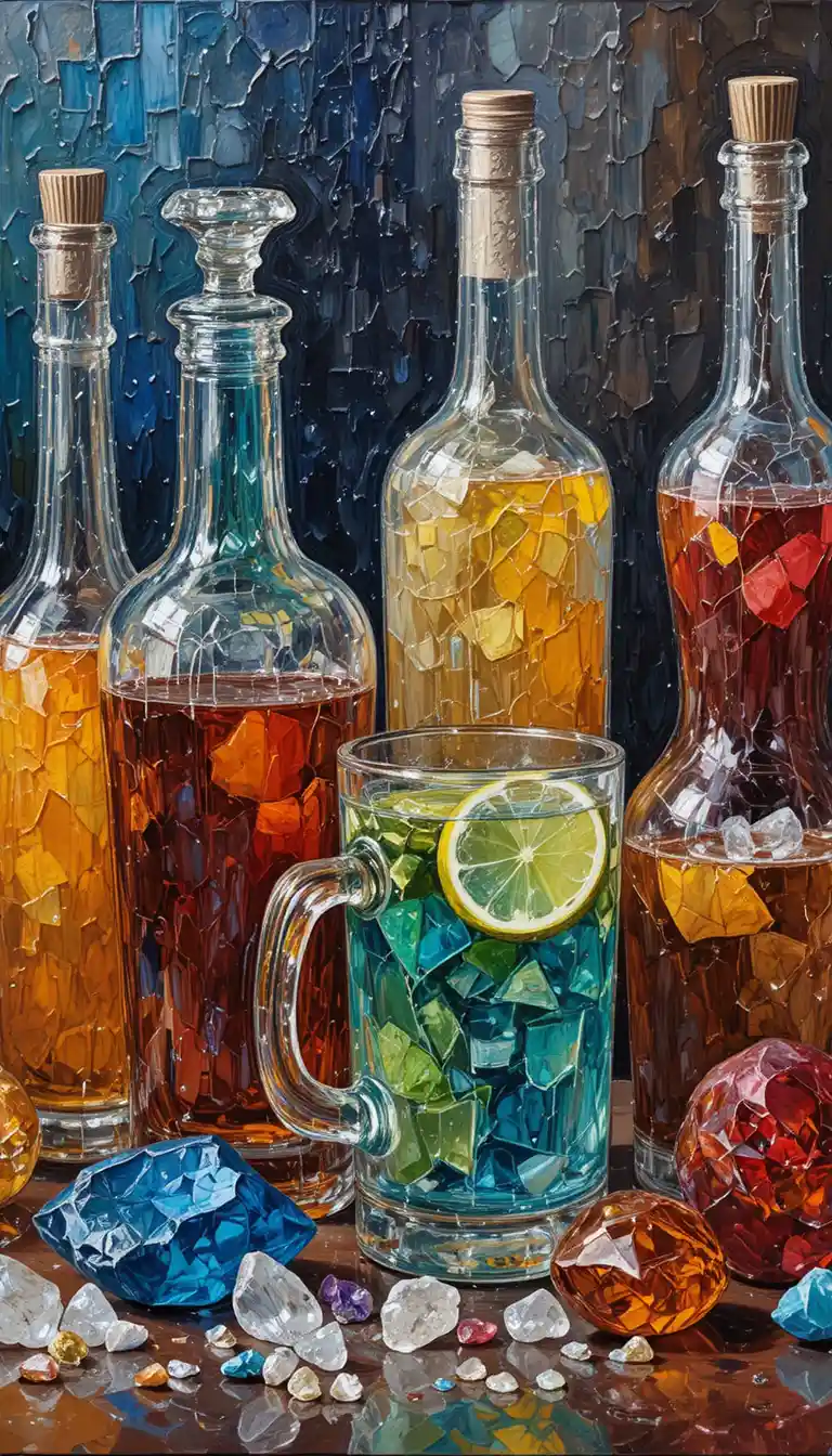 Naturaleza muerta de coloridas botellas de vidrio en pintura impresionista