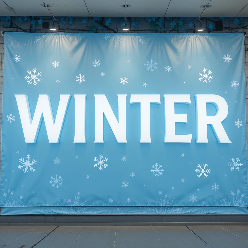 Light blue winter banner with white letters and snowflakes