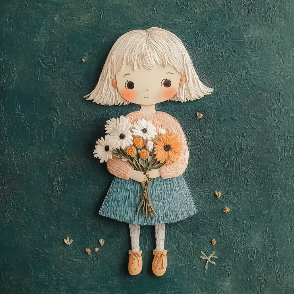 Young girl with flowers in pastel watercolor illustration