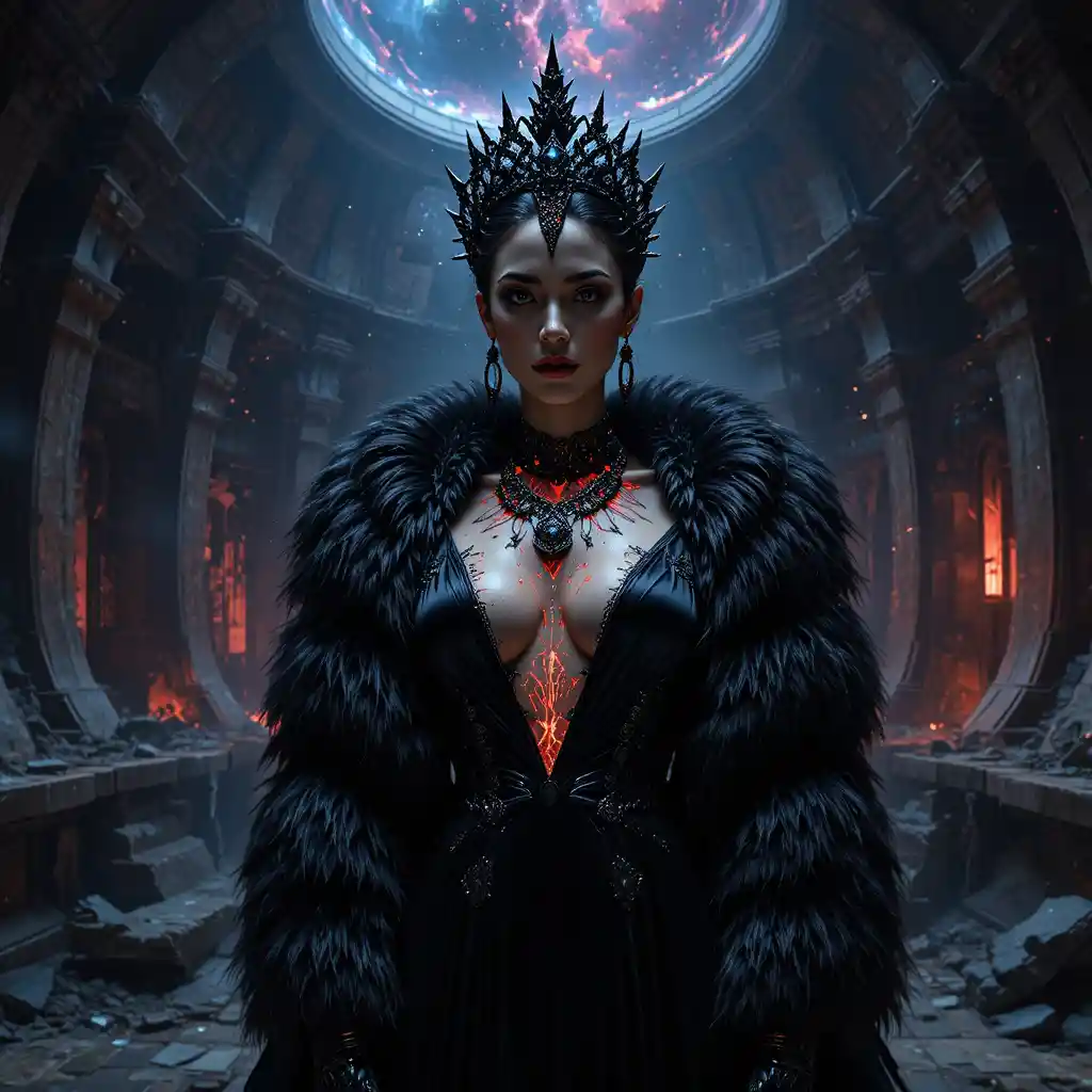 Dark couture portrait of a sovereign woman in deep space