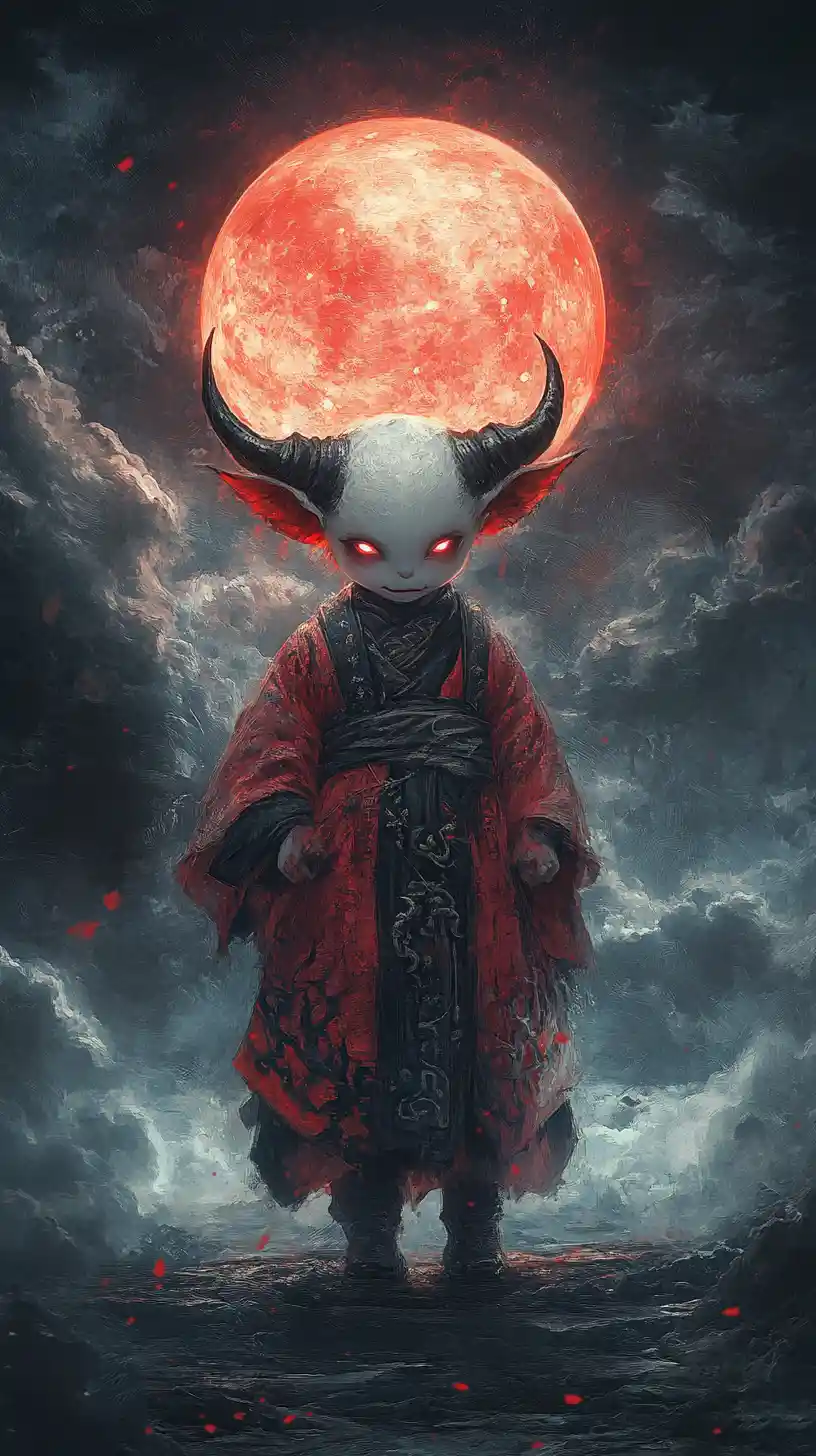 Chibi demon baby floating under a glowing red moon