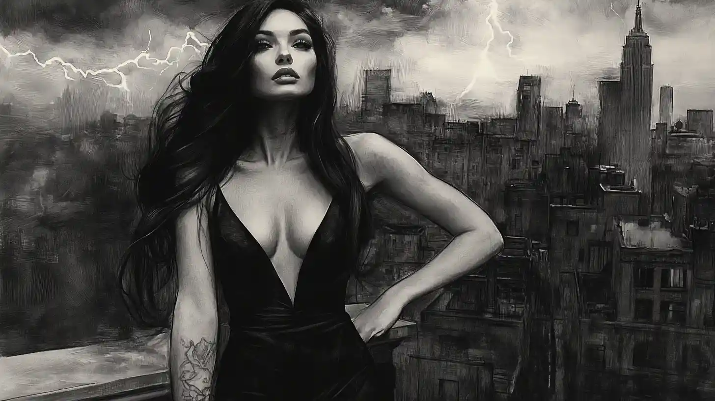 Elegant woman on city rooftop in dramatic monochrome scene