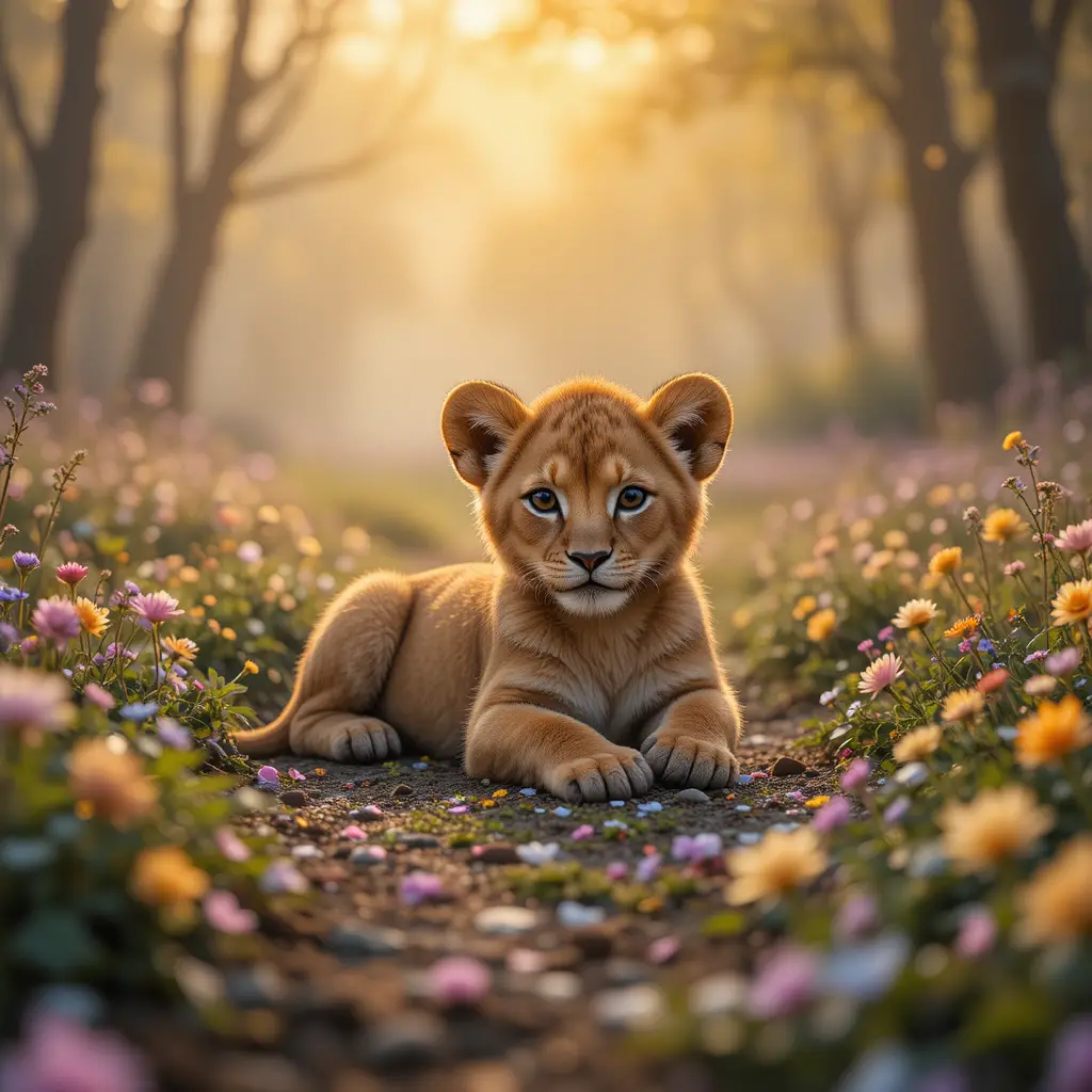 Cucciolo di leone che riposa su un sentiero di foresta primaverile coperto di fiori