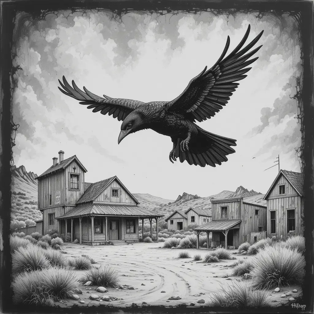 Crow Flying Above Desert Ghost Town In Chalk Drawing