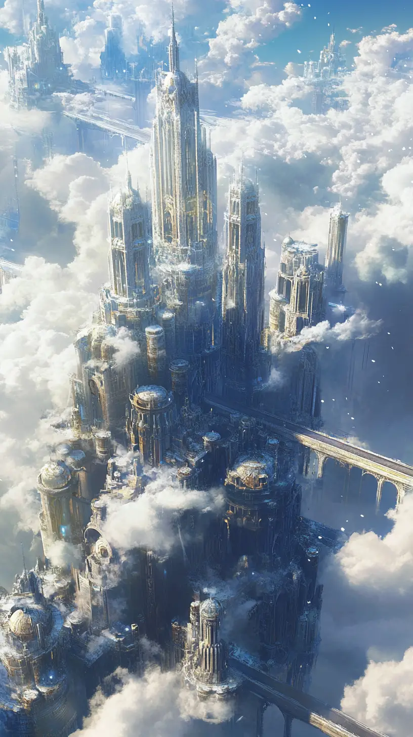 Steampunk sky metropolis of glass rising above the clouds