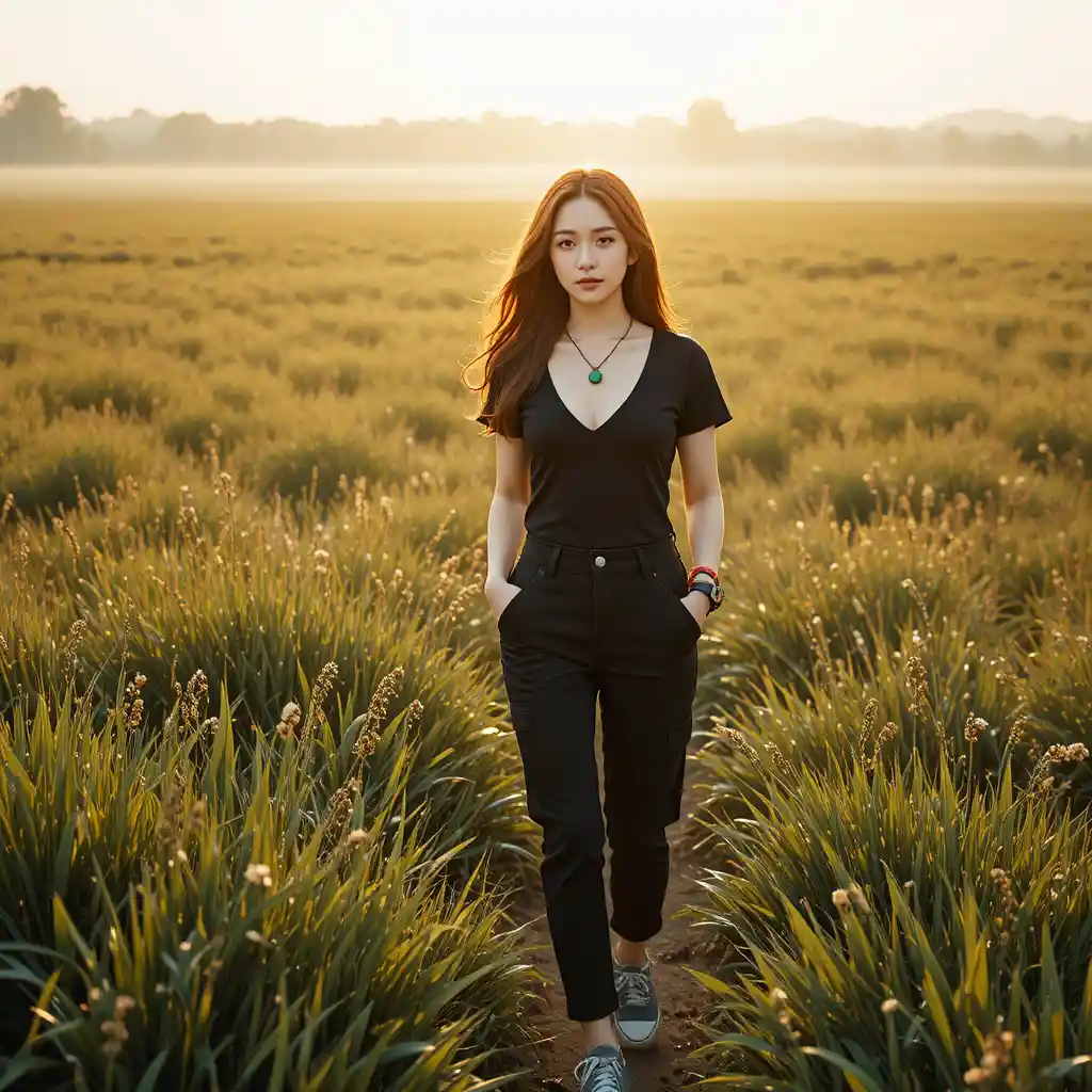 Young woman walking through a sunlit meadow path