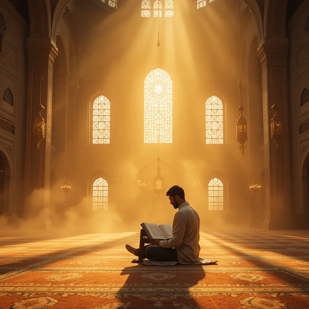 Giovane che recita il Corano nell’interno di una moschea illuminata dal sole