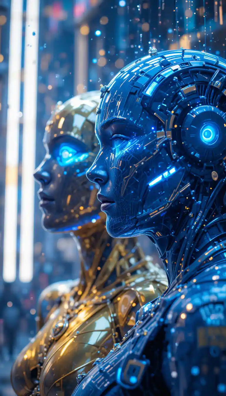 Cyber humanoids celebrating new year in neon cityscape