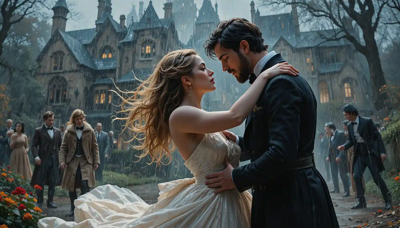 Forbidden lovers separated in the rain outside a Victorian manor