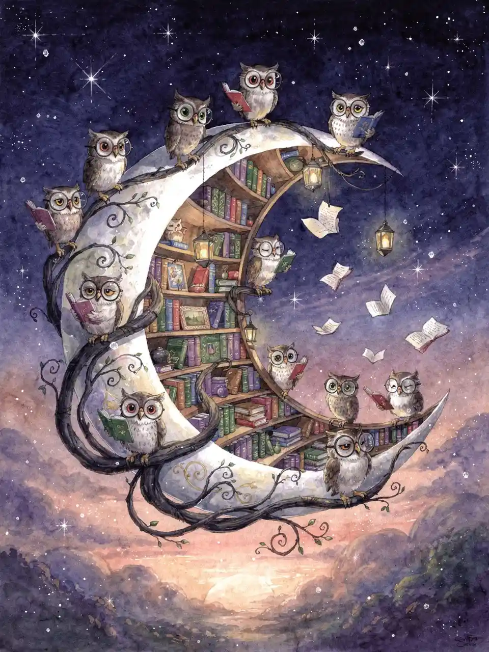 Whimsical Owls Reading On A Crescent Moon Library
