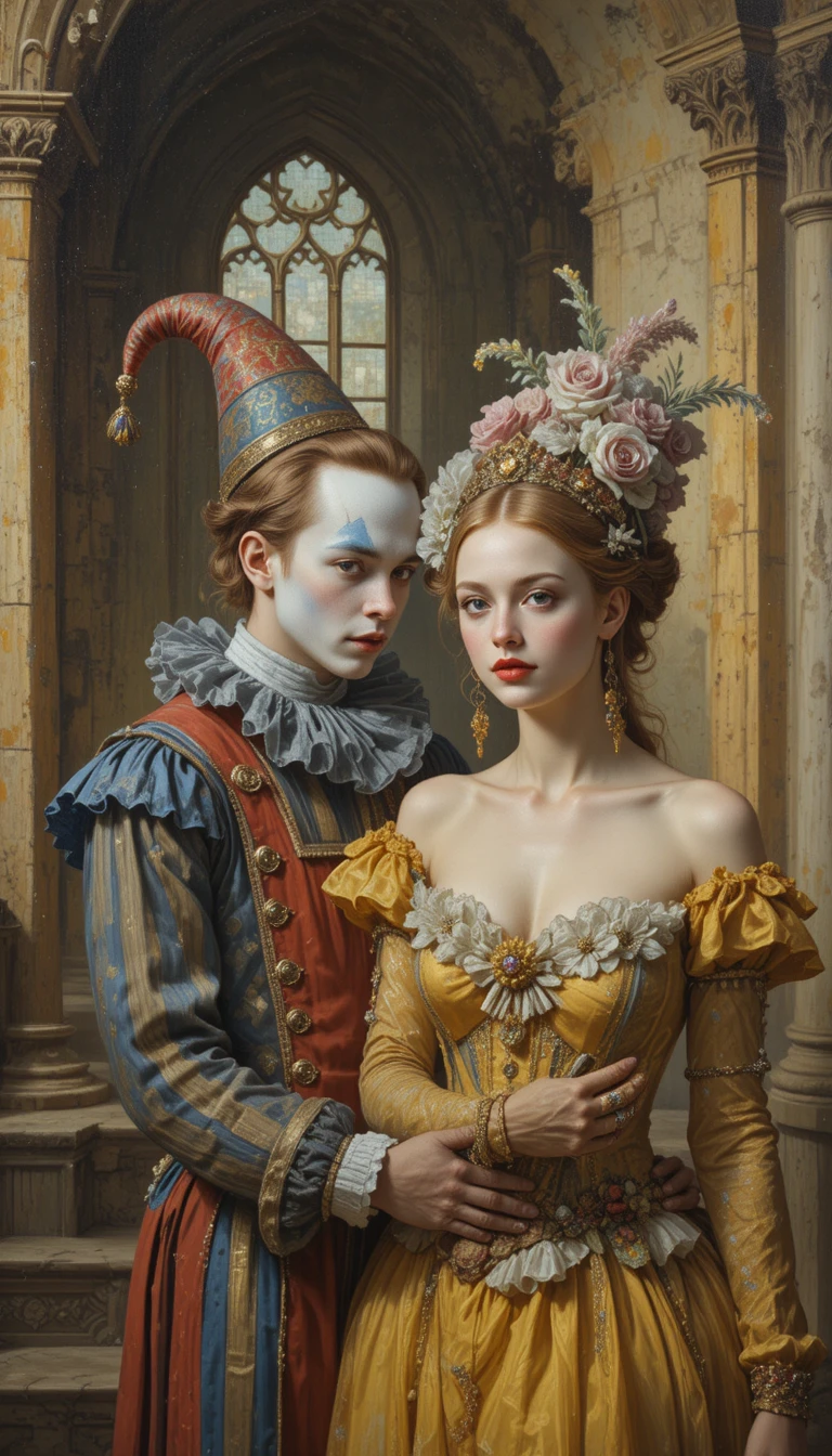 Young male and female clowns in a grand castle painting