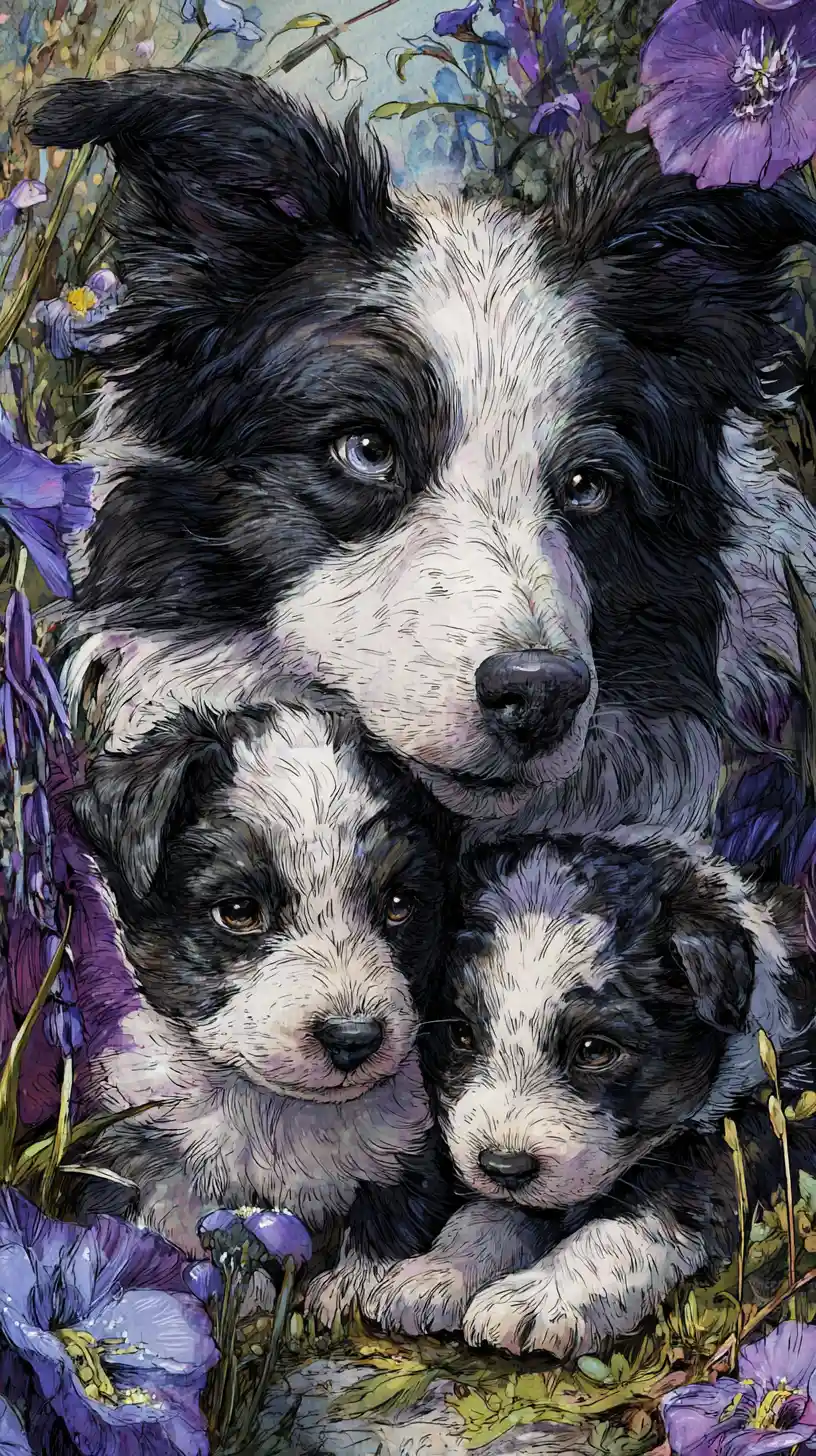 Border collie with playful puppies in watercolor meadow
