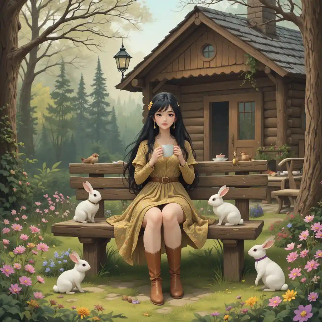 Woman on forest bench by a log cabin in spring
