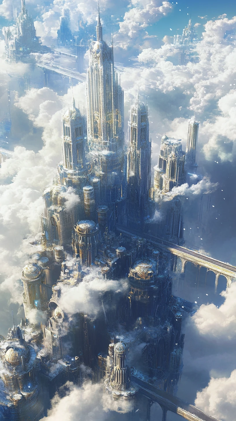 Steampunk sky metropolis of glass rising above the clouds