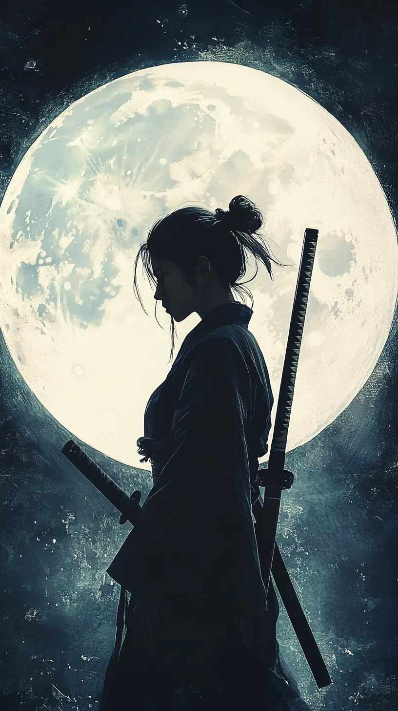Lone female samurai silhouetted against a luminous full moon