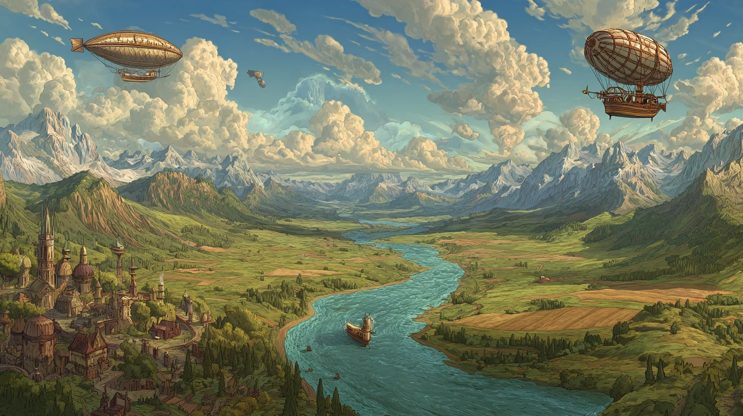 Steampunk Airships Over A River Valley Village