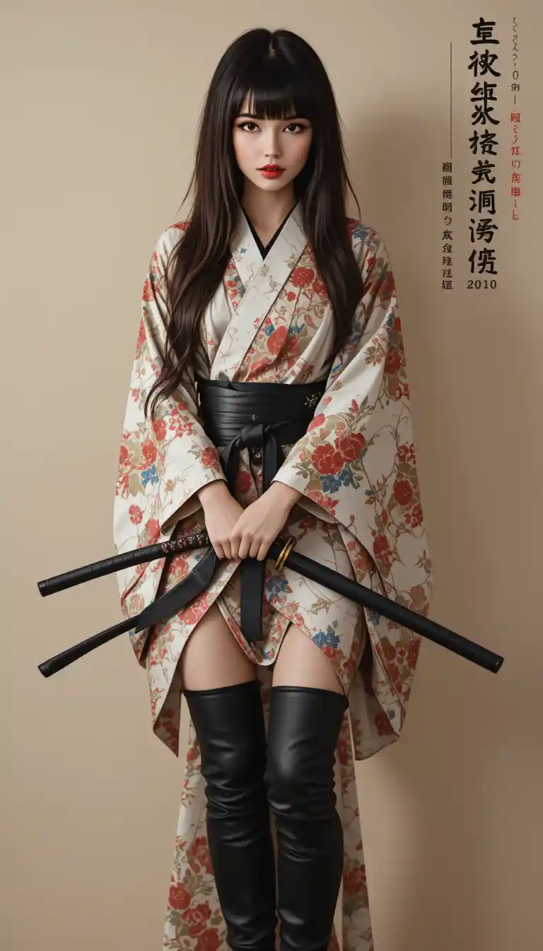 花柄の着物を着て刀を持つアジア人女性