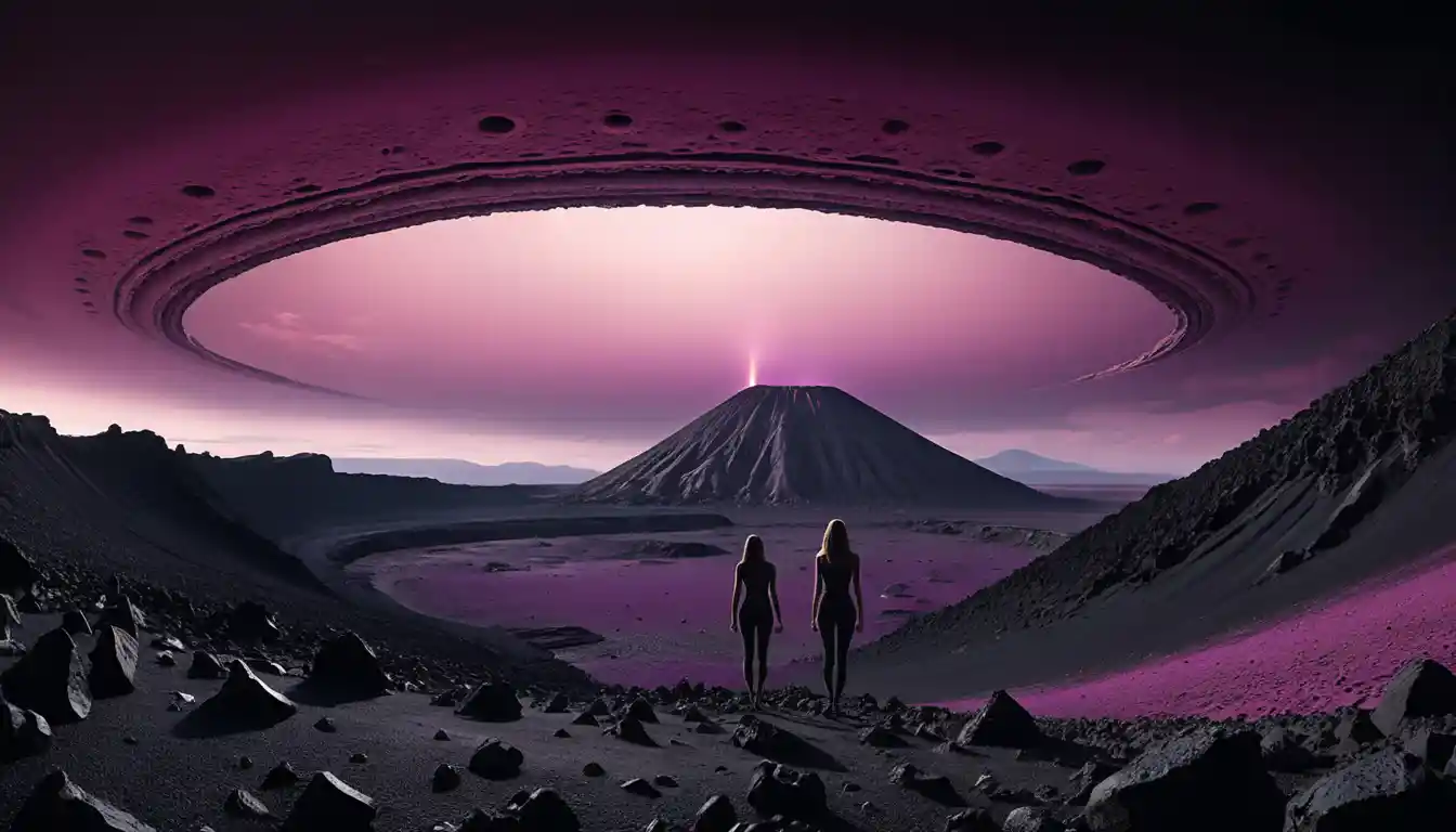 Duas mulheres de traje na borda de uma cratera alienígena
