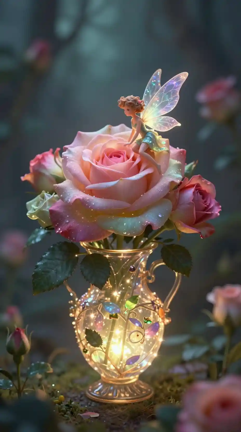 Tiny glowing fairy on a giant multicolored rose
