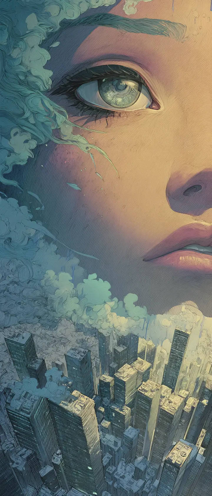 Anime girl head floating over a melting sunrise cityscape
