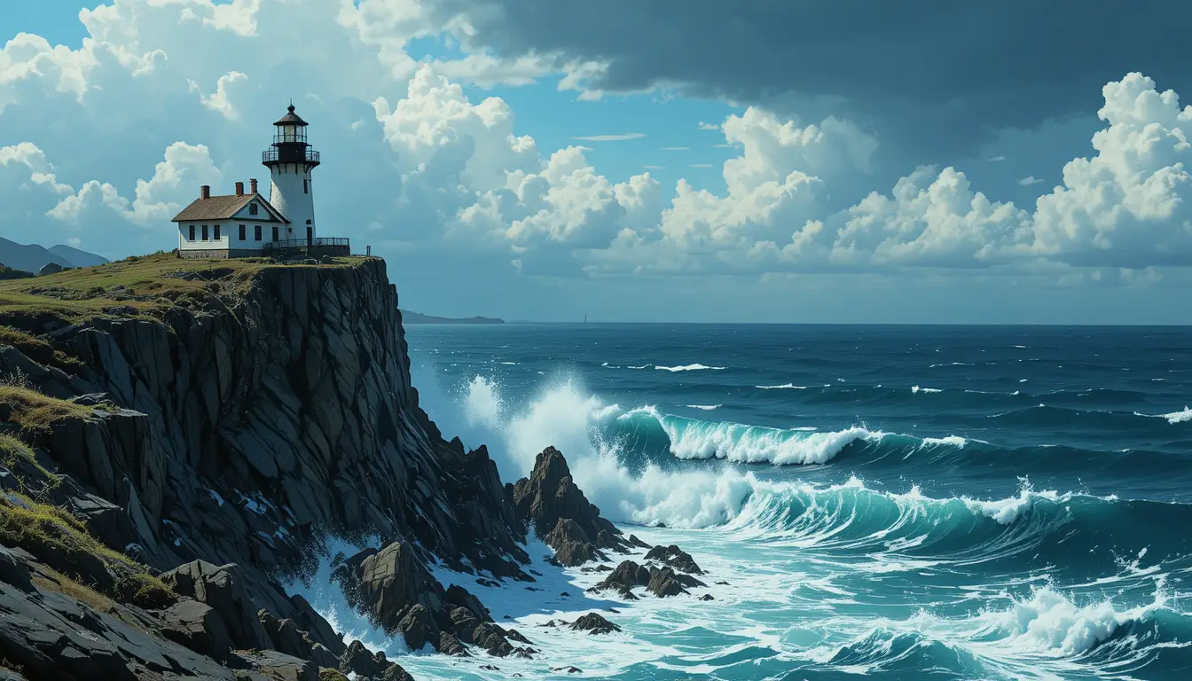 Lonely lighthouse on stormy cliffs in bold graphic style