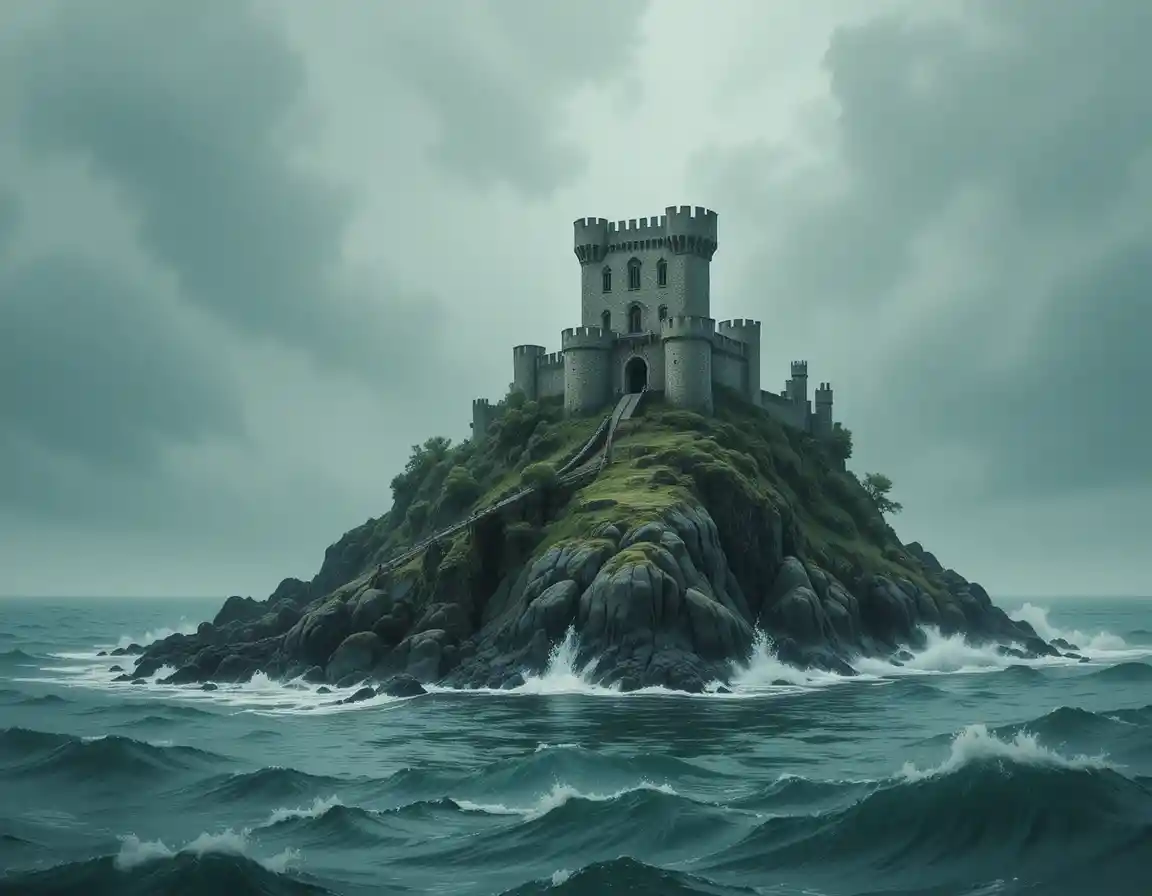 Fortezza sul mare in tempesta su isola rocciosa acquerello
