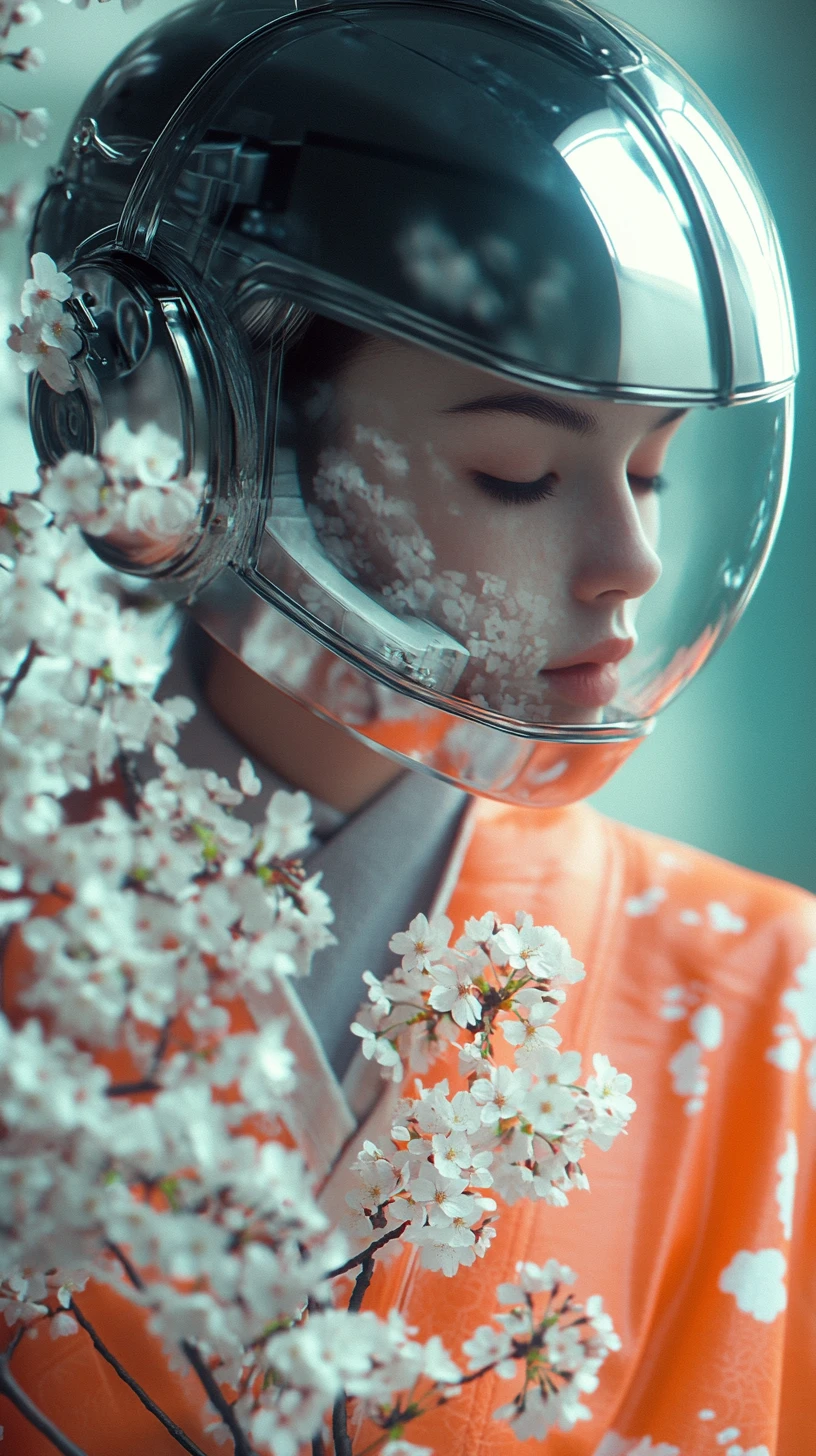 Cyborg woman in orange kimono holding white cherry blossoms