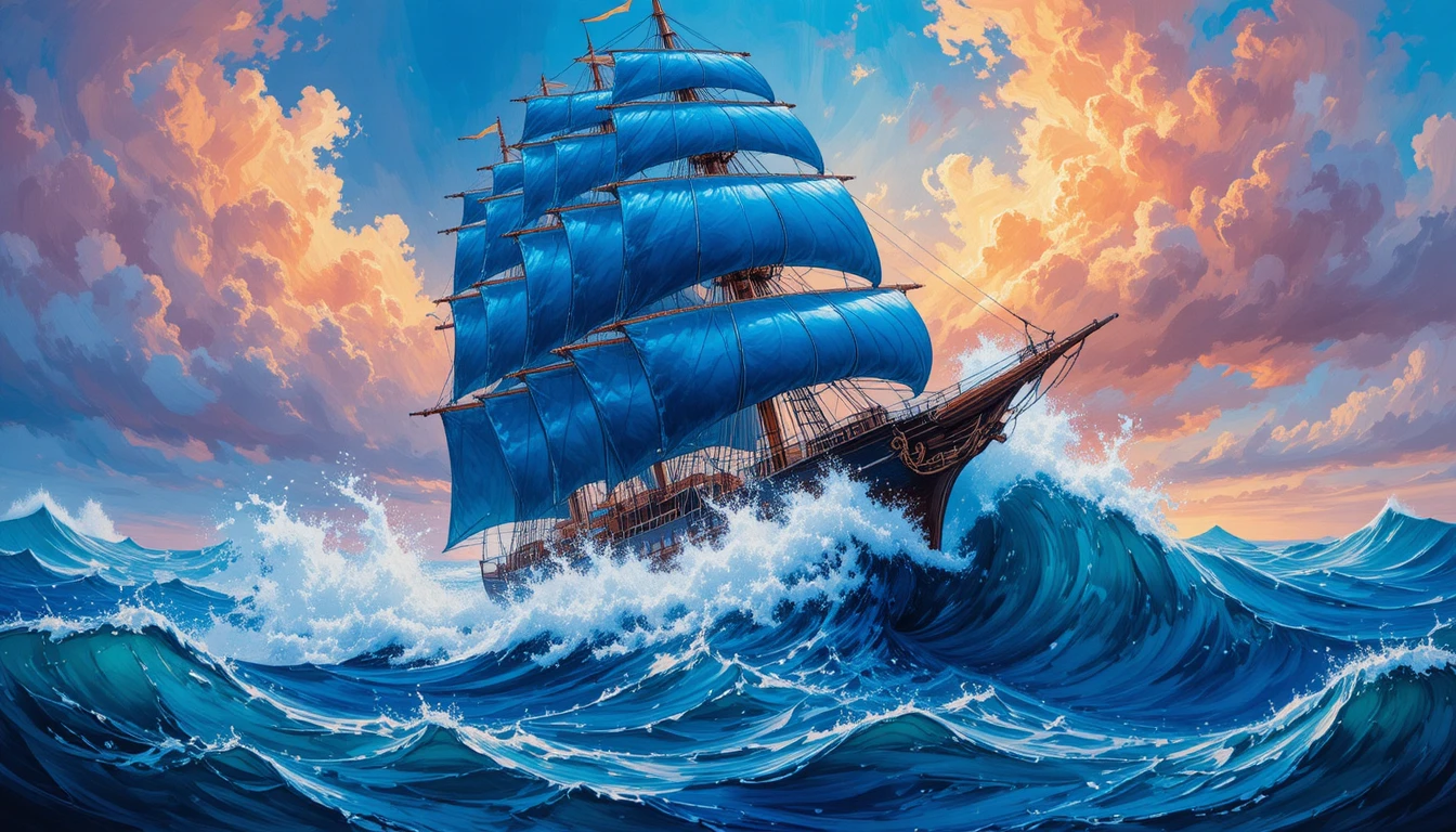 Majestic sailing ship cresting a massive ocean wave at sunset