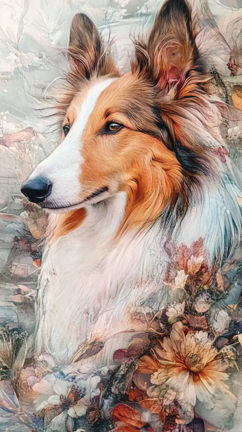 Glass artwork portrait of a collie dog on a quiet street