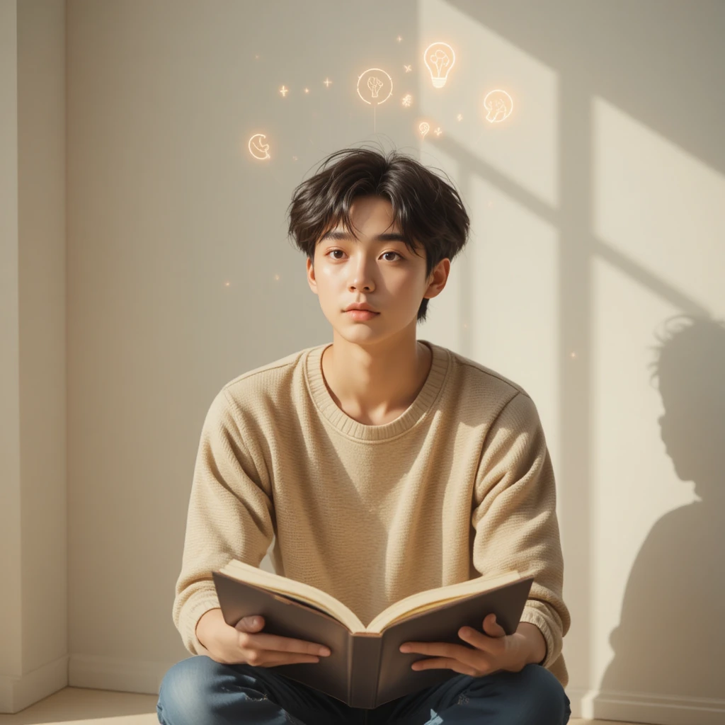Curious young adult reading in a calm minimalist room