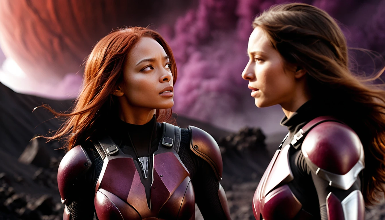 Zwei heroische Frauen auf einem Alien-Krater unter violettem Himmel